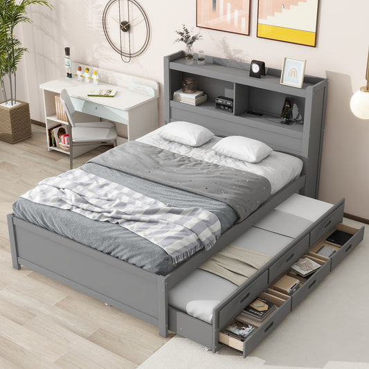 Full Size Platform Bed With Trundle, Drawers, USB Ports And Built In Shelves - Gray