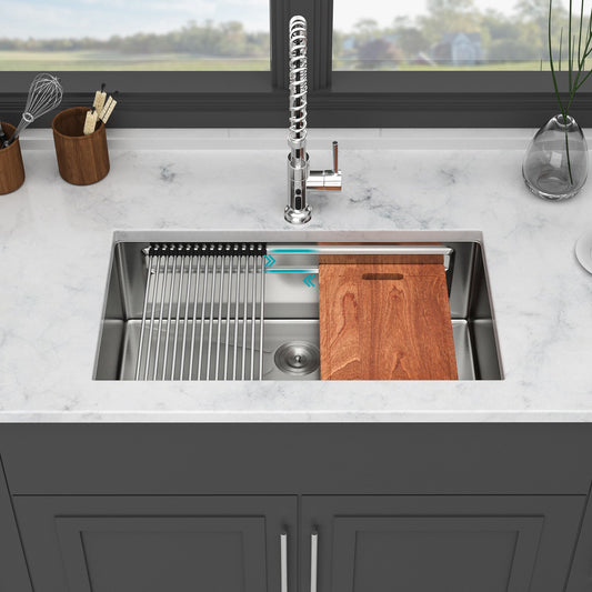 Undermount Kitchen Sink, Single Bowl With Ledge Workstation, 16 Gauge Stainless Steel - Brushed Nickel