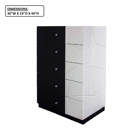 5 Drawer Chest Storage Unit, Clothes Organizer, Geometric Pattern - White / Black