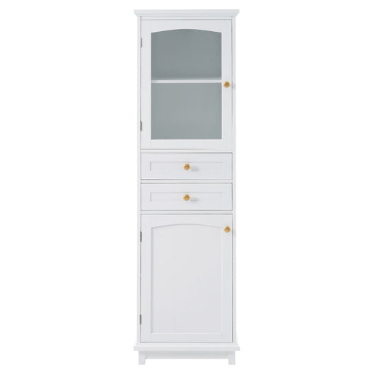 Tall Bathroom Storage Cabinet With Glass Doors, Free-Standing, Two Drawers, And Adjustable Shelves, MDF Board, Painted Perfect For Displaying Your Favorite Items