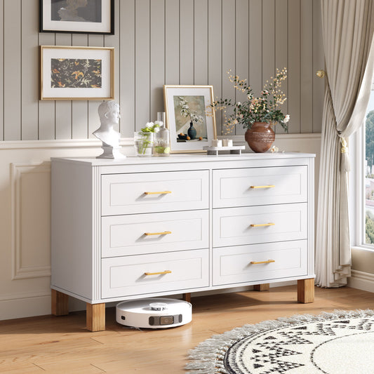 6 Drawer Double Dresser With Handles, Storage Cabinet - White