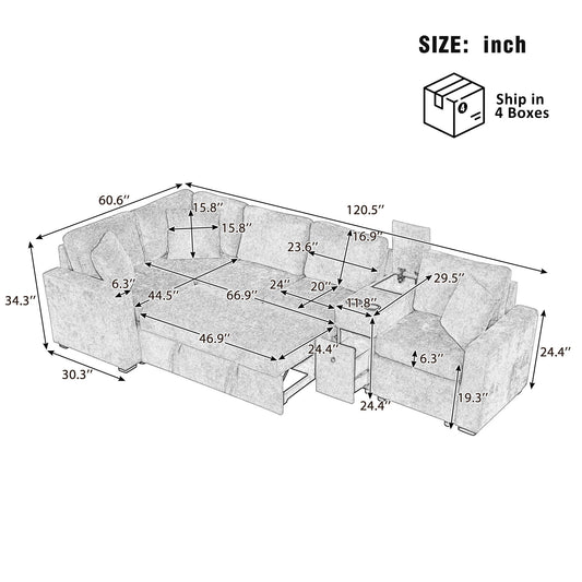 Contemporary L Shaped Convertible Sofa Bed With Pull Out Bed, Cup Holders, And Storage