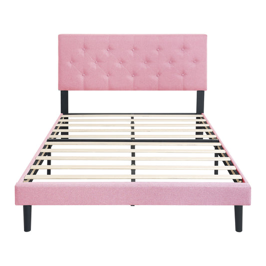 Modern Upholstered Platform Bed Frame With Button Tufted Linen Fabric Headboard