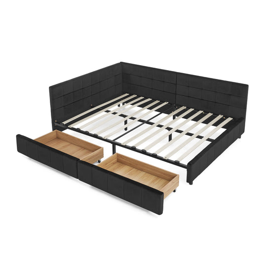 Mid-Century Storage Upholstered Tufted Bed Frame With Backrest And Armrests