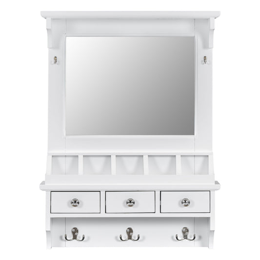 Floating Makeup Vanity With Big Mirror, Wall Mounted Storage Vanity With Drawers, Pockets & Hooks, Space Saving Decorative Home Organizer - White