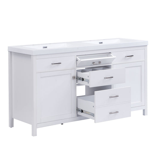 Double Sink Bathroom Vanity With Top, Soft Closing Doors & Drawers, Tip Out Drawer, 2 Cabinet Doors, Adjustable Shelf - White