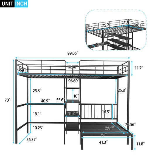 Full Over Twin Bunk Bed With Built In Desk, Shelves And Ladder - Black