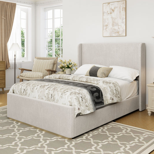 King Size Luxurious Corduroy Upholstered Bed Frame With Vertical Stripe Wingback Headboard And High Footboard - Light Gray