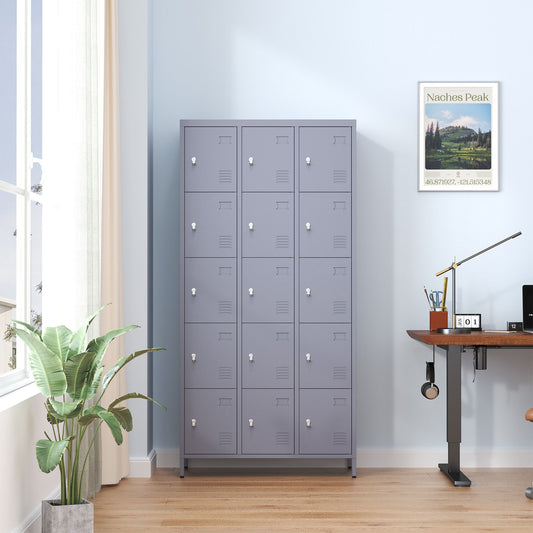 15 Door Lockers With Lock For Storage In Home, Gym, Office, And School - Gray