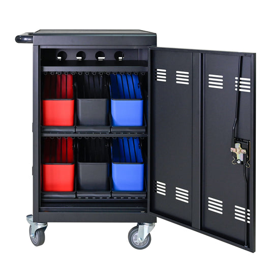 32 Bit Device Charging Trolley For Tablets And Laptops With Cable Management, Removable Doors - Matte Black