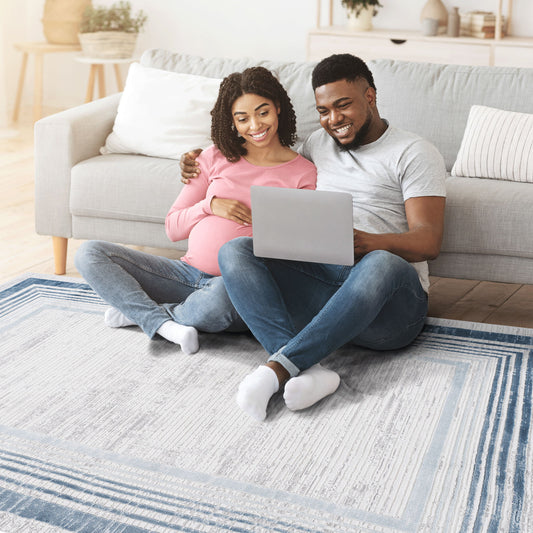 Marfi - 8' X 10' Bordered Area Rug - Blue / Ivory