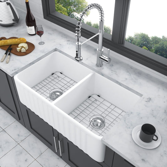 Sink 33" Double Bowl Apron Front Kitchen Sink 50 / 50 - White