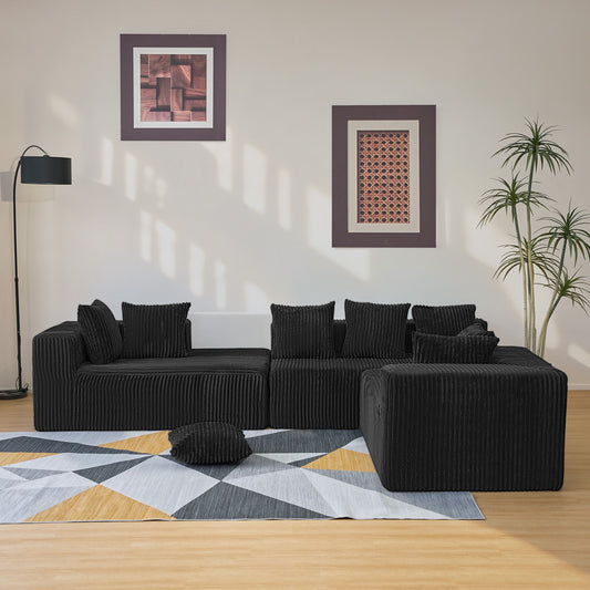 Modular U-Shaped Sectional Sofa, 4 Seater Chaise Lounge With Reversible Design Striped - Black