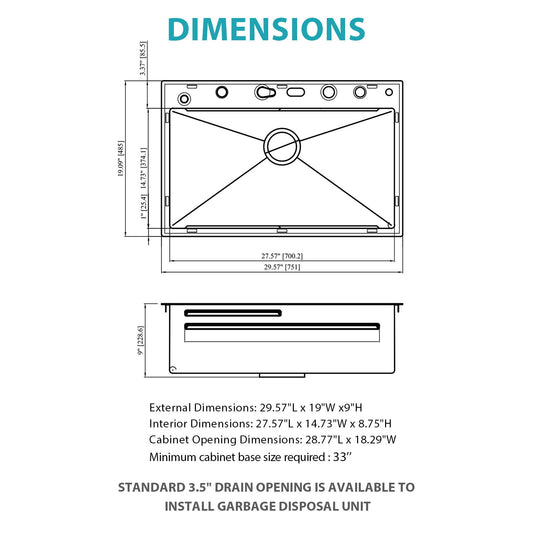 30" Single Bowl Kitchen Sink With Smart LED Faucet
