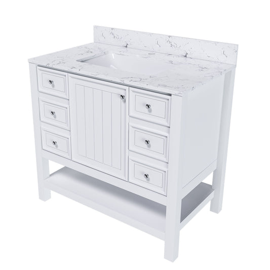 37" Bathroom Vanity, Multi Functional Cabinet With Doors And Drawers, Frame, Single Faucet Hole - White