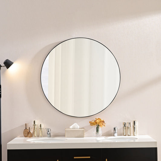 Wall Circular Framed Vanity Mirror For Bathroom, Living Room Decor - Black