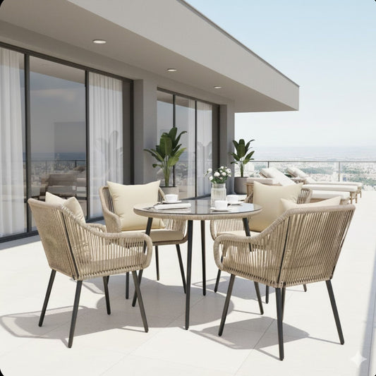 All Weather Twisted Rattan Patio Dining Set With Table And Cushions - Beige / Brown
