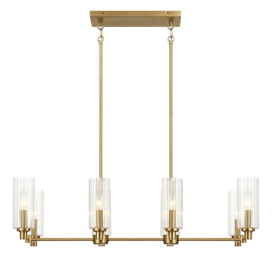 Willow - 8 Lights Island With Clear Ribbed Pendant Lamp Satin - Antique Brass / Clear / Gold