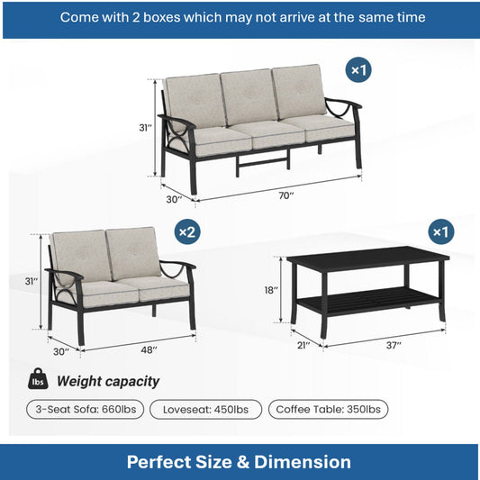 3 Piece Patio Furniture Set With Thick Cushions, Coffee Table For Backyard - Gray / Black