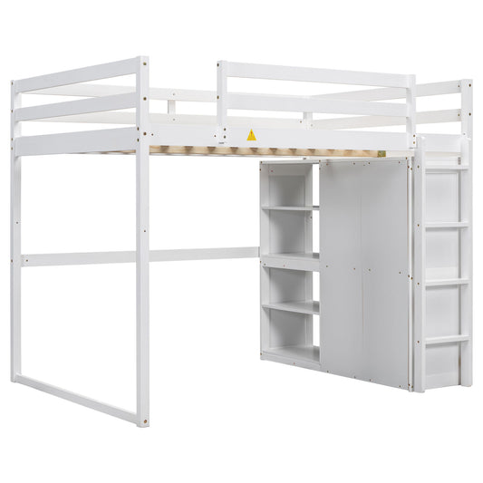 Loft Bed With Built In Wardrobe, Storage Shelves, And LED Light