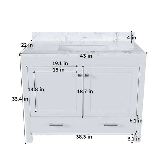 43" Bathroom Vanity With Artificial Marble Carrara Top Set, Multi Functional Bathroom Cabinet With Doors And Drawer - White