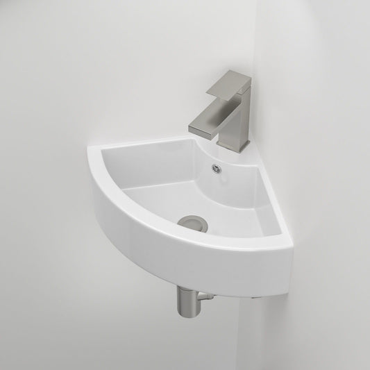 Triangle Porcelain Wall Mount Vessel Sink With Single Faucet Hole & Overflow - White