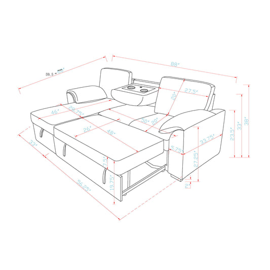 Rebecca - Sofa With Pull Out Bed, Storage Chaise, USB And Cup Holders - Dark Gray