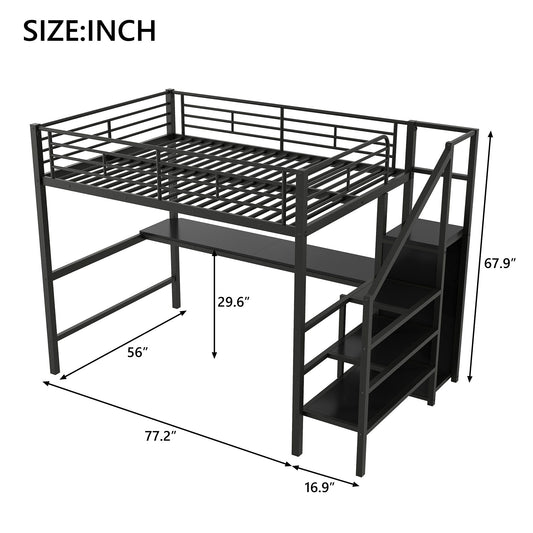 Full Size Loft Bed With Desk, Storage Staircase, Small Wardrobe And LED Light - Black