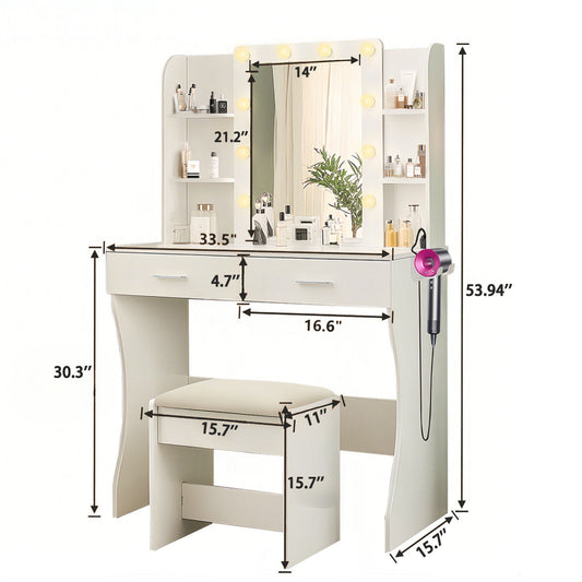 Vanity Desk Set With Mirror & Adjustable Lights Power Outlet And Hair Dryer Rack 2 Drawers And 6 Shelves Includes Cushioned Stool - White