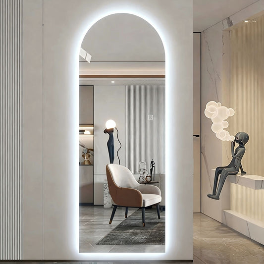 LED Full Length Wall Mirror With Symmetrical Arch Design, 3 Color Dimmable Lighting - Silver