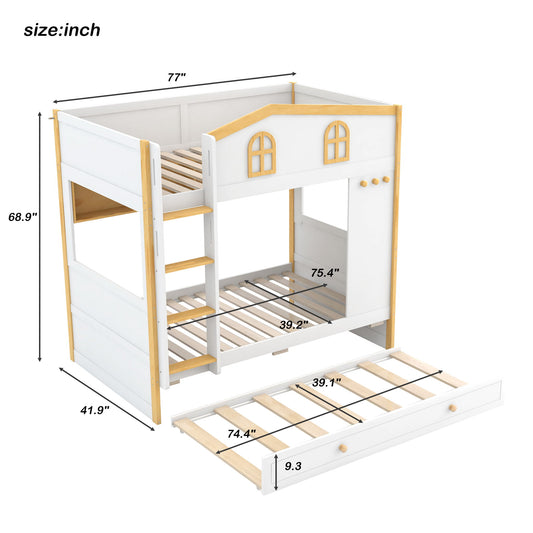 Bunk Bed With House Shaped Guardrails, Storage Shelves, And Trundle