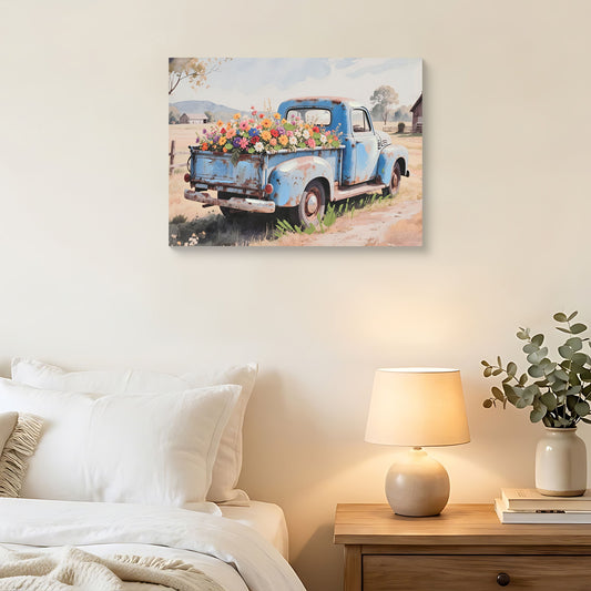 Old Truck Canvas Wall Art For Spring Decor - Blue Cars