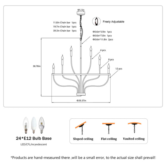 24 Light Chandelier Industrial Iron Candle Chandelier Modern Suspended Farmhouse Chandeliers Pendant Light Fixtures For Dining Room Bedroom Living Room Kitchen Island Foyer E12 Bulb (No Include) - Black