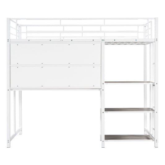 Metal Loft Bed With Desk, 3 Shelves And Ladder