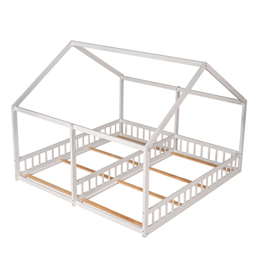 House Platform Beds, 2 Shared Beds, Metal Frame With Guardrails