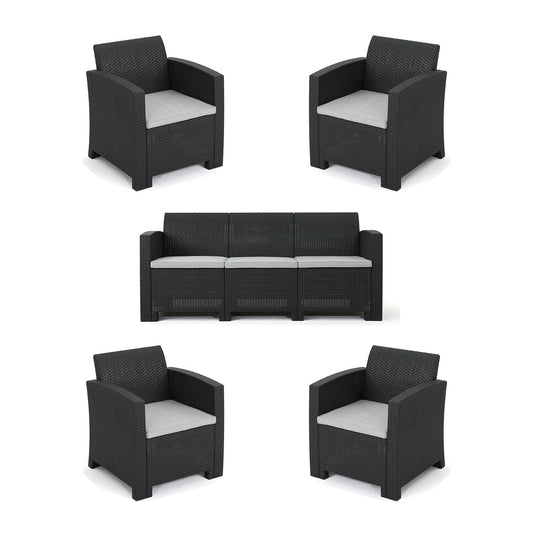 Outdoor Faux Wicker Rattan Style Chat Set With Water Resistant Cushions, 5 Pieces Set - Charcoal / Light Gray