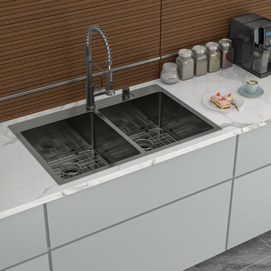 Double Bowl Drop In Kitchen Sink 33" X 22" With 16 Gauge Stainless Steel And 2 10" Deep Basins - Gunmetal Black