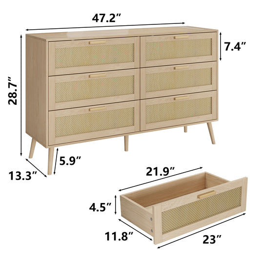 Rattan 6 Drawers Chest Of Dressers For Bedroom, Modern 6 Drawer Dresser, Wide Chest Of Drawers With Wood Handles, Rattan Dresser Storage Cabinet For Living Room, Bedroom, Hallway - Natural Wood / Oak