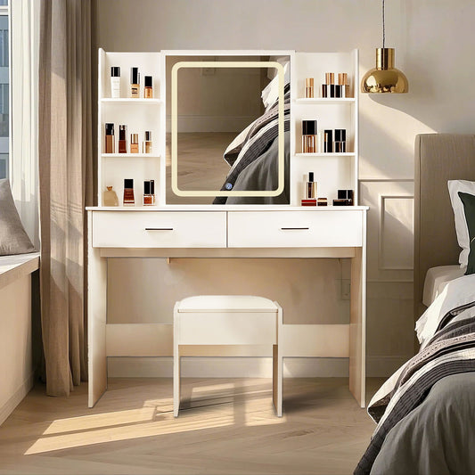 Vanity Desk With Mirror And LED Lights 3 Lighting Modes And Power Outlet 2 Spacious Drawers And Stool - White