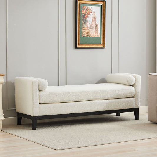 Elegant Upholstered Bench, Daybed, Ottoman With Wood Legs & Bolster Pillows - Ivory Boucle