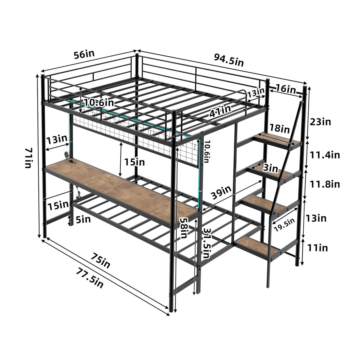 Full Over Twin Bunk Bed With Built In Desk And LED Lighting - Antique Black