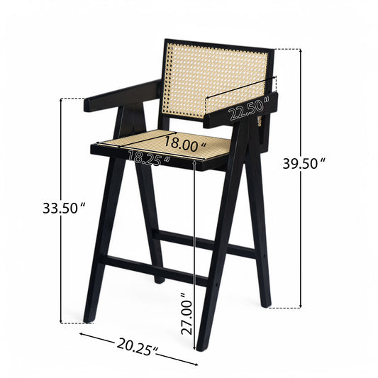 Modern Minimalist Bar Stool With Cane Seat - Black / Natural