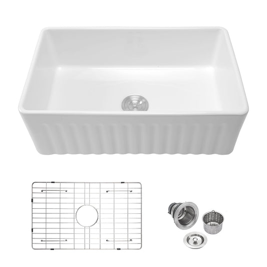 Ceramic Farmhouse Sink With Deep Basin And Stainless Steel Grid