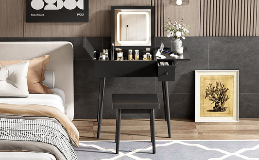 Makeup Vanity Desk With Flip Top Mirror And LED Light, Dressing Table With Charging Station, 2 Drawers And Fold Up Panel, Vanity Set With Cushioned Stool For Bedroom - Black