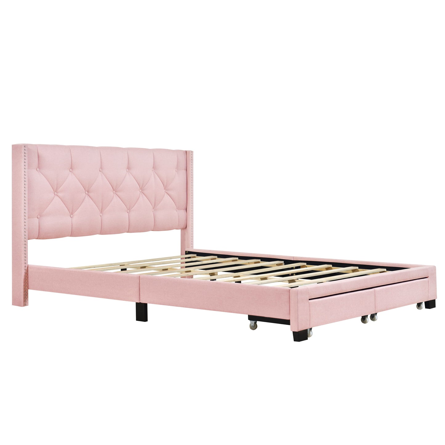 Queen Size Storage Bed Linen Upholstered Platform Bed & Two Drawers - Pink