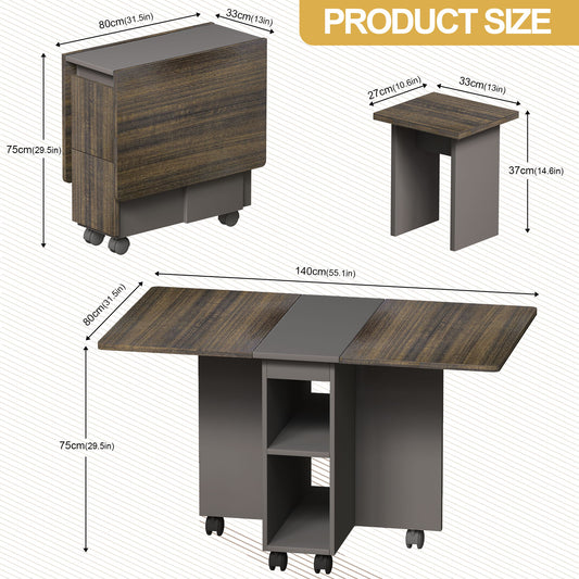 Contemporary 5 Piece Folding Extendable Dining Table Set With Chairs For 4 - Brown