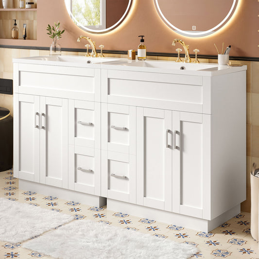 Bathroom Vanity With Dual Sinks, 4 Cabinet Doors, 4 Drawers, Adjustable Shelves - White