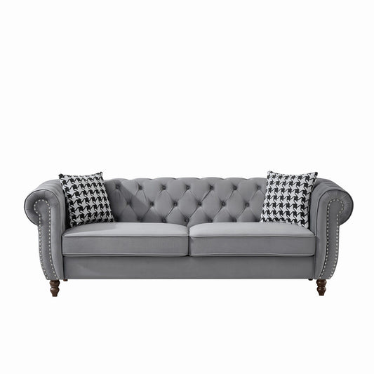 Chesterfield Velvet Upholstery Fabric Sofa With Roll Armrest & Nailhead