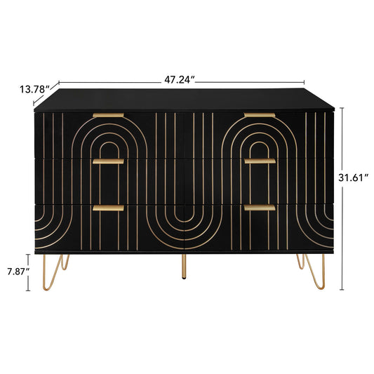 Modern 6 Drawer Dresser, Modern Dresser With Metal Handles, Storage Chest Of Drawer, Wide Dresser Drawer Organizers With Carving Design For Bedroom, Living Room, Hallway - Black