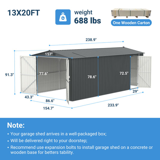 Industrial - 20' x 13' Heavy Duty Metal Garage Shed - Dark Gray
